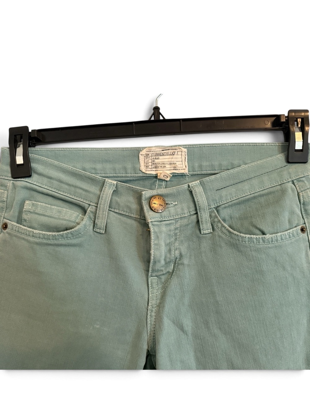 Current/ Elliott Wear for Lover Mint Blue/ Green skinny zip bottom jeans.